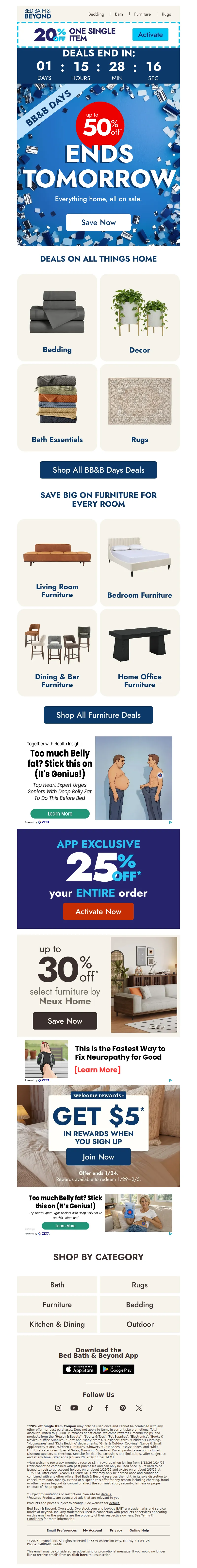 Email screenshot from Bed Bath & Beyond - Up to 50% off everything home ⏰