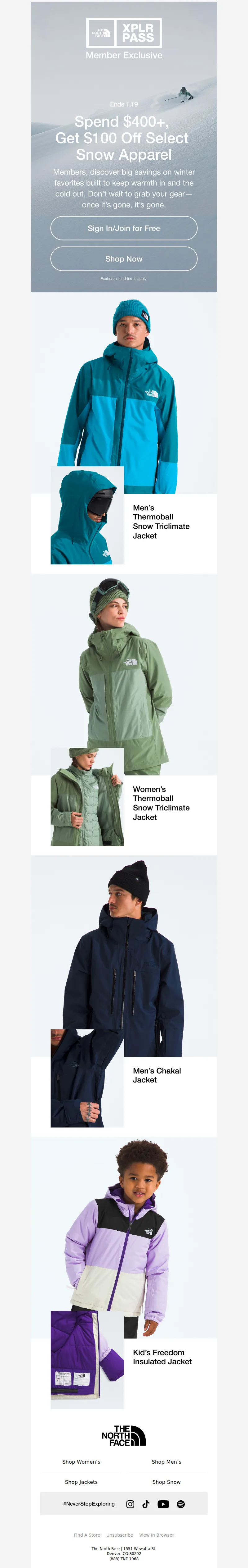 Email screenshot from The North Face - Ends soon: Members, spend $400+, get $100 off.
