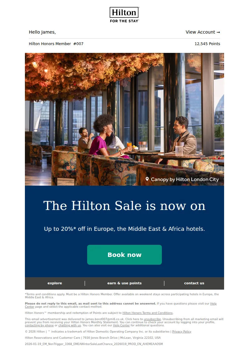 Email screenshot from Hilton Honors - Last Chance to Save up to 20%* in The Hilton Sale!