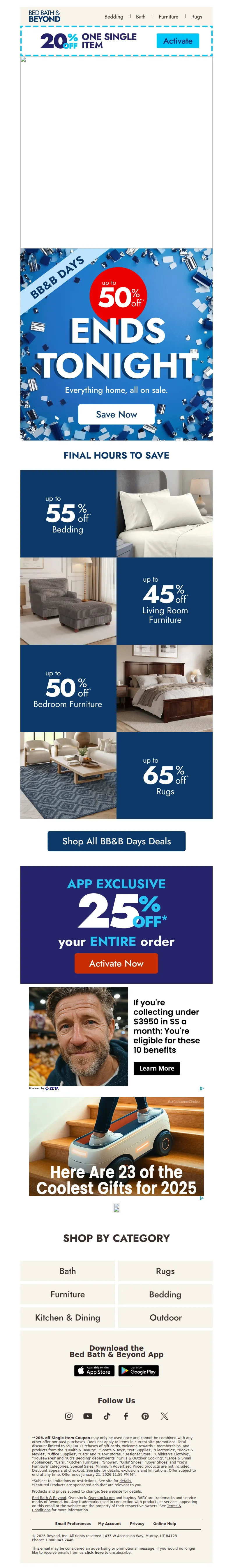 Email screenshot from Bed Bath & Beyond - Last chance for up to 50% off 👀