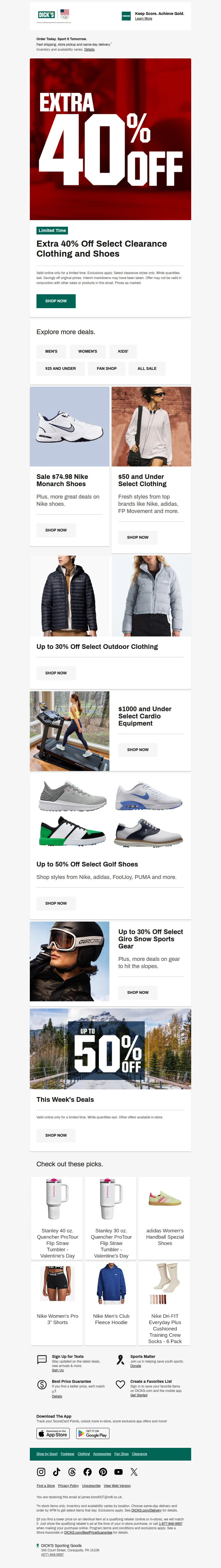 Email screenshot from Dick's | Clearance - EXTRA 40% OFF select clearance clothing & shoes is HERE 📍