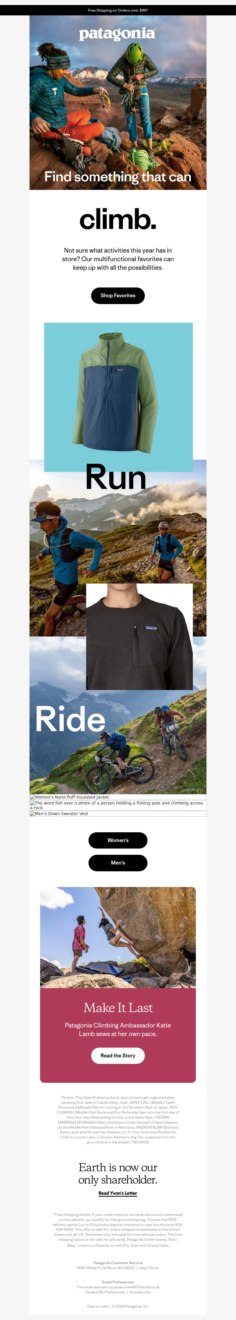 Email screenshot from Patagonia - Favorites that can do it all