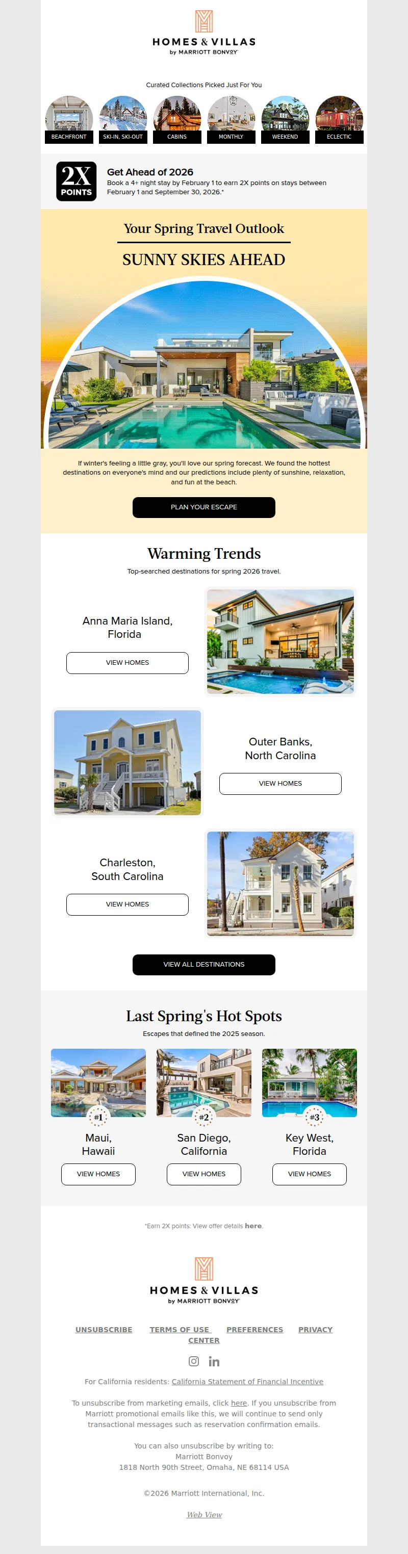 Email screenshot from Homes & Villas By Marriott Bonvoy - Mr. Bond, the spring break 2026 forecast is in