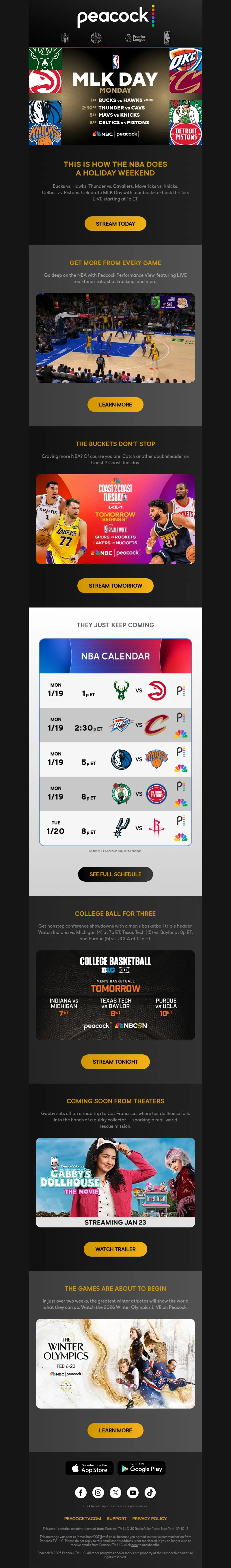 Email screenshot from Peacock - NBA All. Day. Long. 🏀