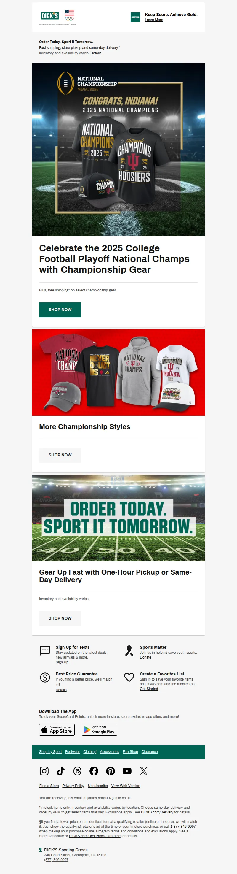 Email screenshot from Dick's Sporting Goods - A perfect season! π π Shop Indiana championship gear