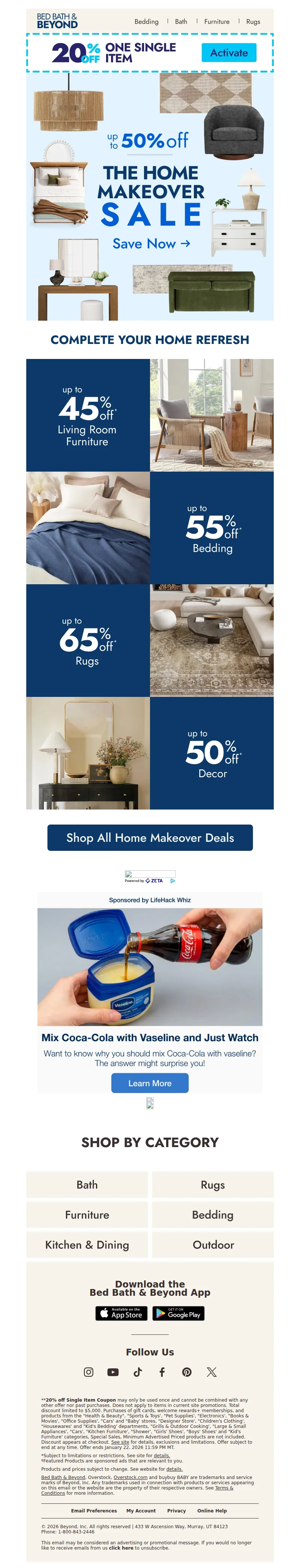 Email screenshot from Bed Bath & Beyond - Home Makeover Sale: up to 50% off starts now ✨