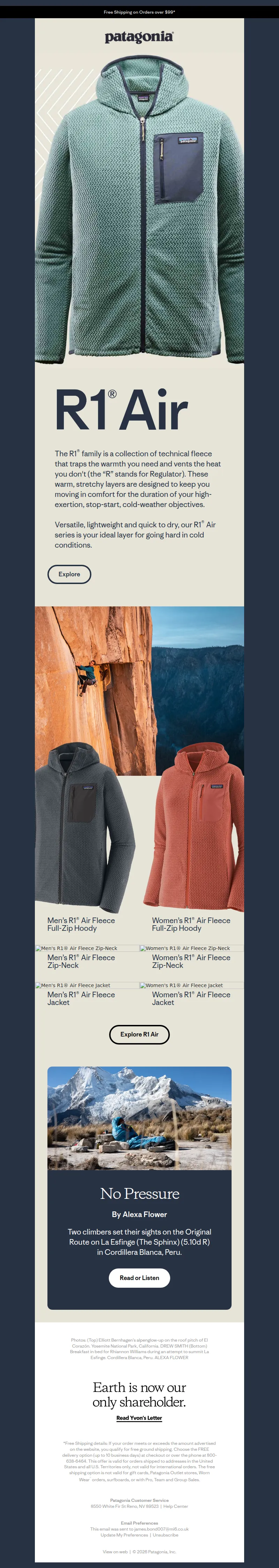 Email screenshot from Patagonia - R1 fleece: breathable, technical warmth