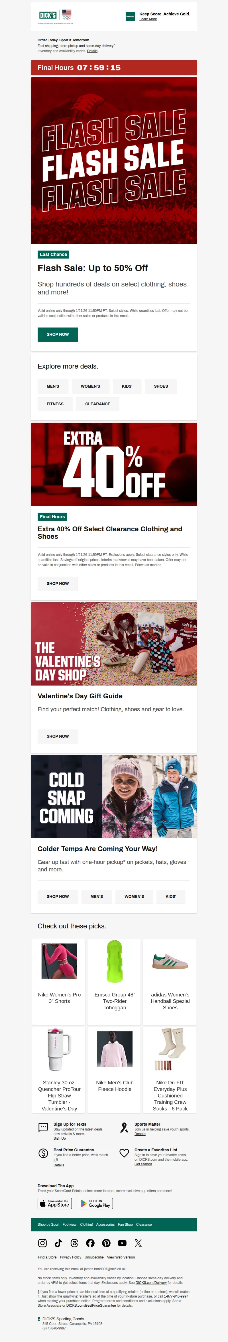 Email screenshot from Dick's | Flash Sale - *** Up to 50% off our Flash Sale ends tonight ***