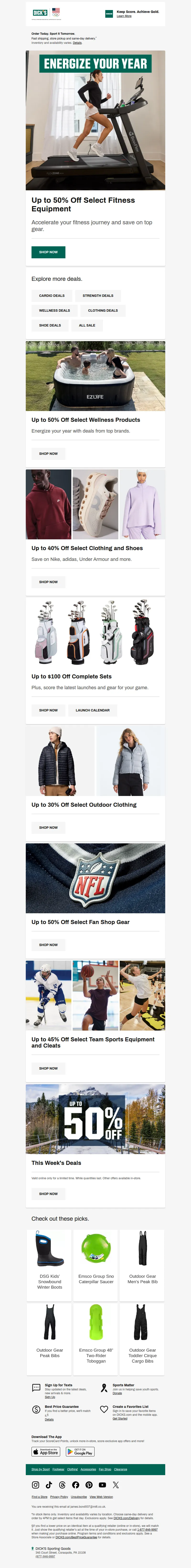 Email screenshot from Dick's Sporting Goods - Get into gear! 💪 Up to 50% off select fitness equipment is one click away