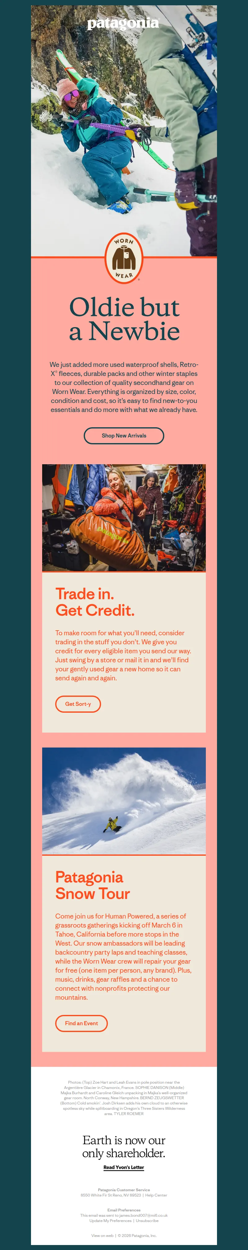 Email screenshot from Patagonia - New Arrivals: Used winter gear for less