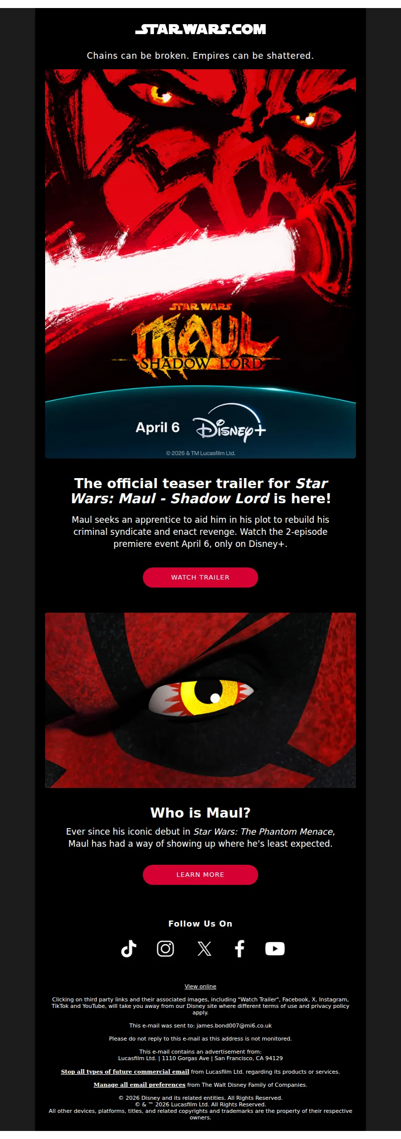 Email screenshot from Starwars.com - The official teaser trailer for Star Wars: Maul - Shadow Lord is here!