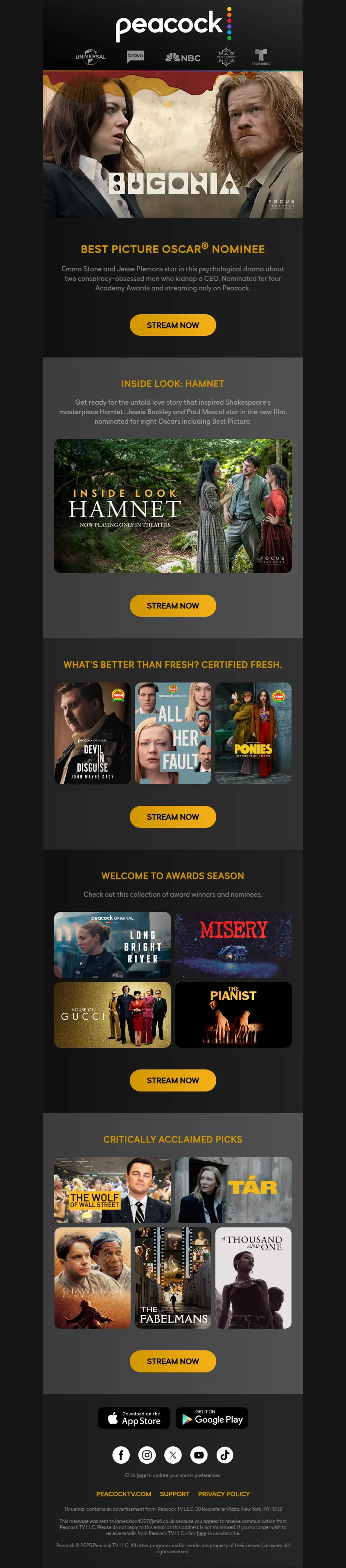 Email screenshot from Peacock - Stream the Oscar-nominated film Bugonia 🏆