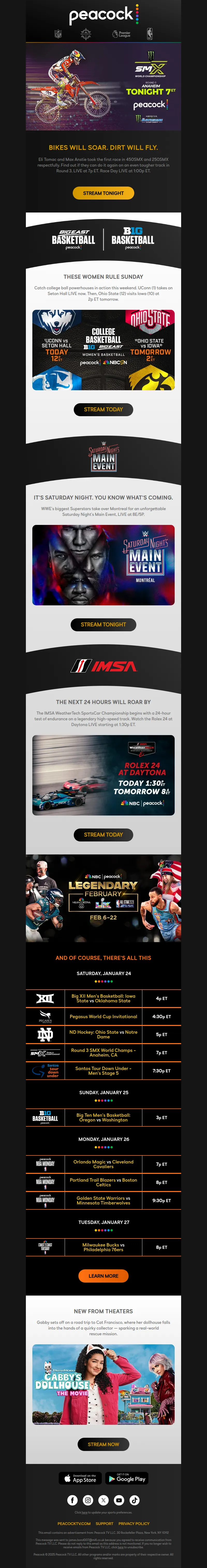 Email screenshot from Peacock - TODAY: Rolex 24 at Daytona