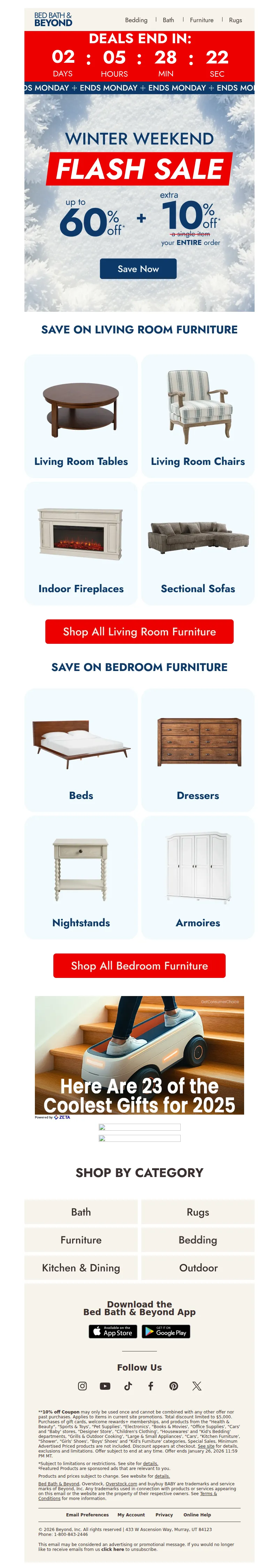 Email screenshot from Bed Bath & Beyond - Stuck inside? Save an extra 10% 💸