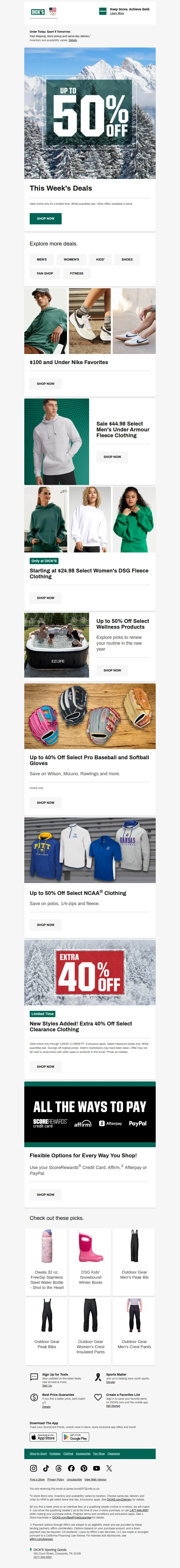 Email screenshot from Dick's Sporting Goods - Ready for up to 50% off this week's DEALS? 💰