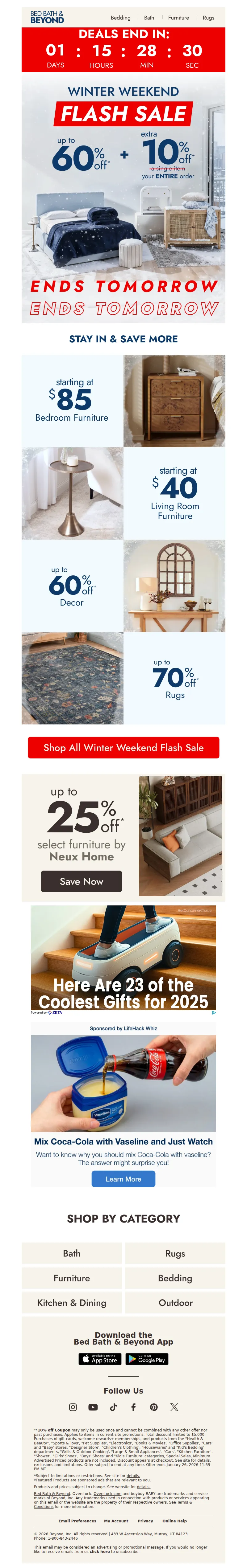 Email screenshot from Bed Bath & Beyond - Up to 60% + EXTRA 10% off—ends tomorrow!