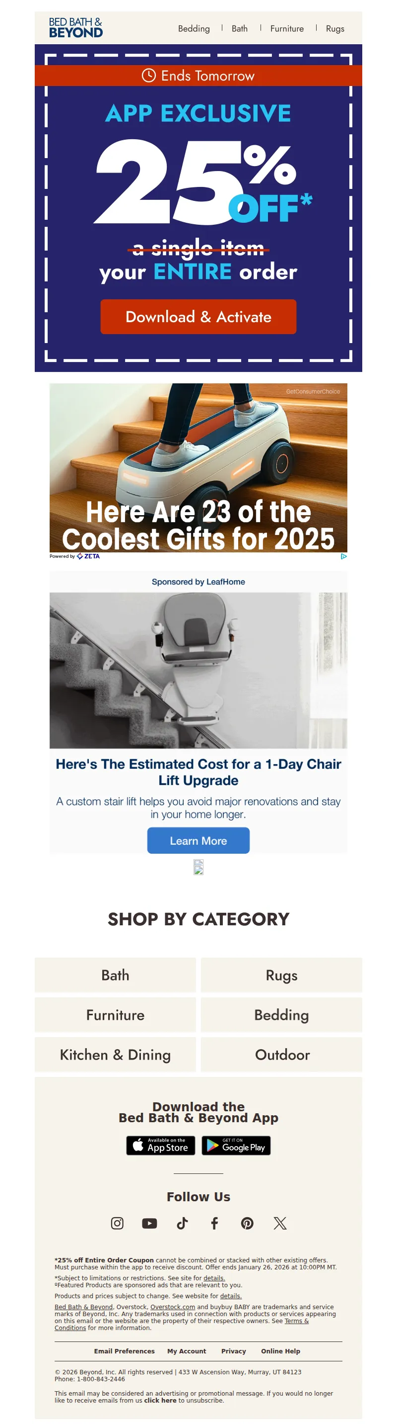 Email screenshot from Bed Bath & Beyond - 25% off your ENTIRE order in app🔒