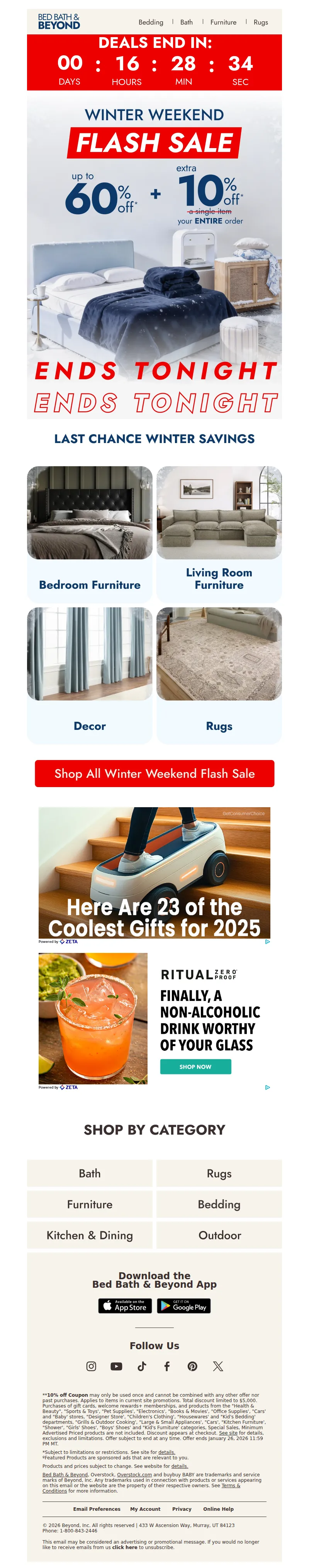 Email screenshot from Bed Bath & Beyond - Ends tonight: Up to 60% off 🚨