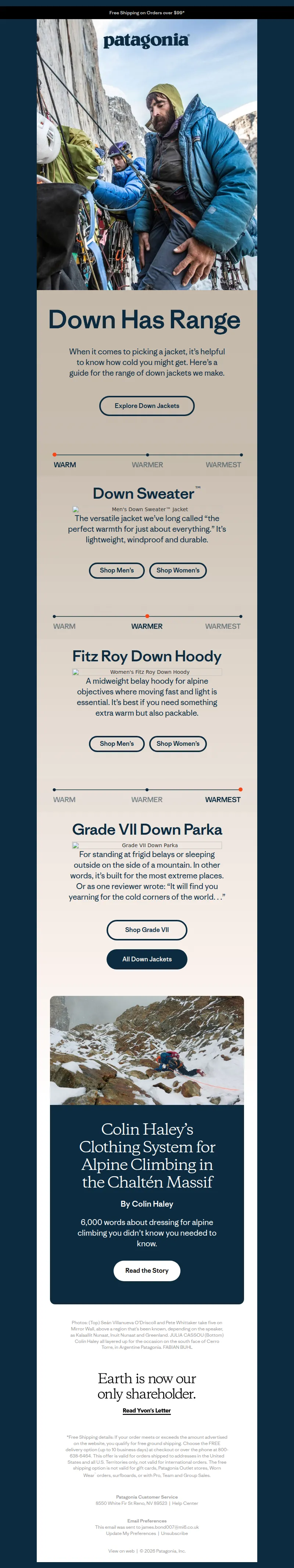 Email screenshot from Patagonia - How to pick the right down jacket