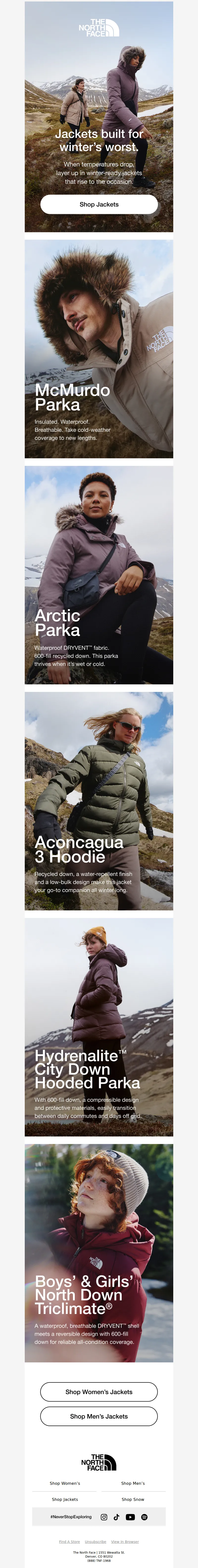 Email screenshot from The North Face - Discover jackets made to take on the cold