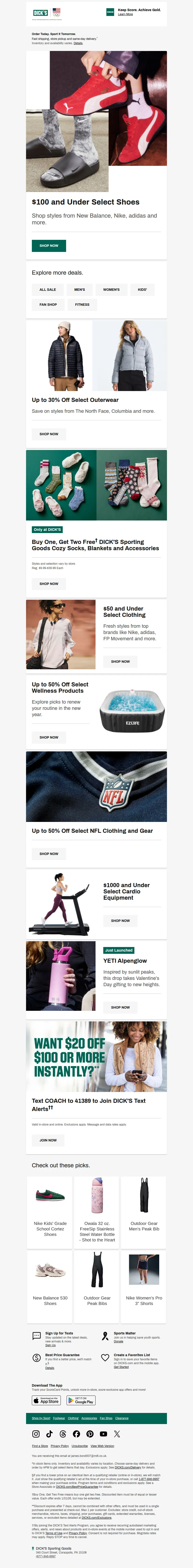 Email screenshot from Dick's Sporting Goods - $100 & UNDER 👟 Select shoes from Nike, New Balance, adidas & more
