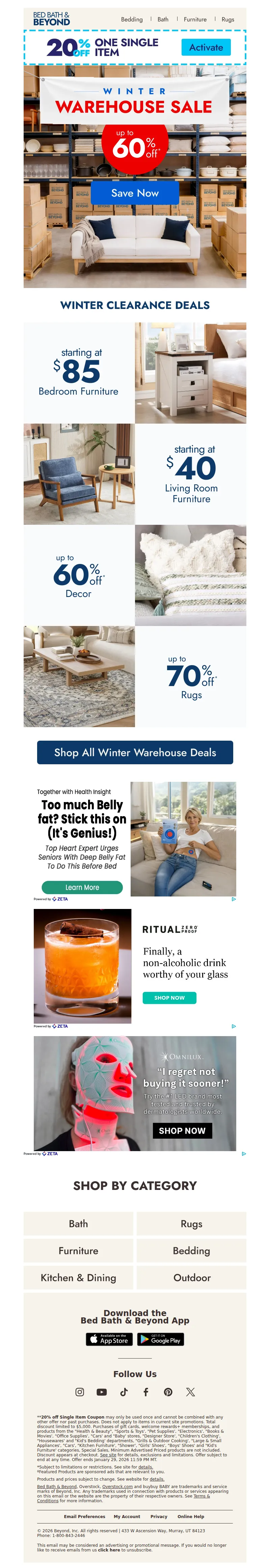 Email screenshot from Bed Bath & Beyond - Winter Warehouse Sale is HERE ❄️ Up to 60% off