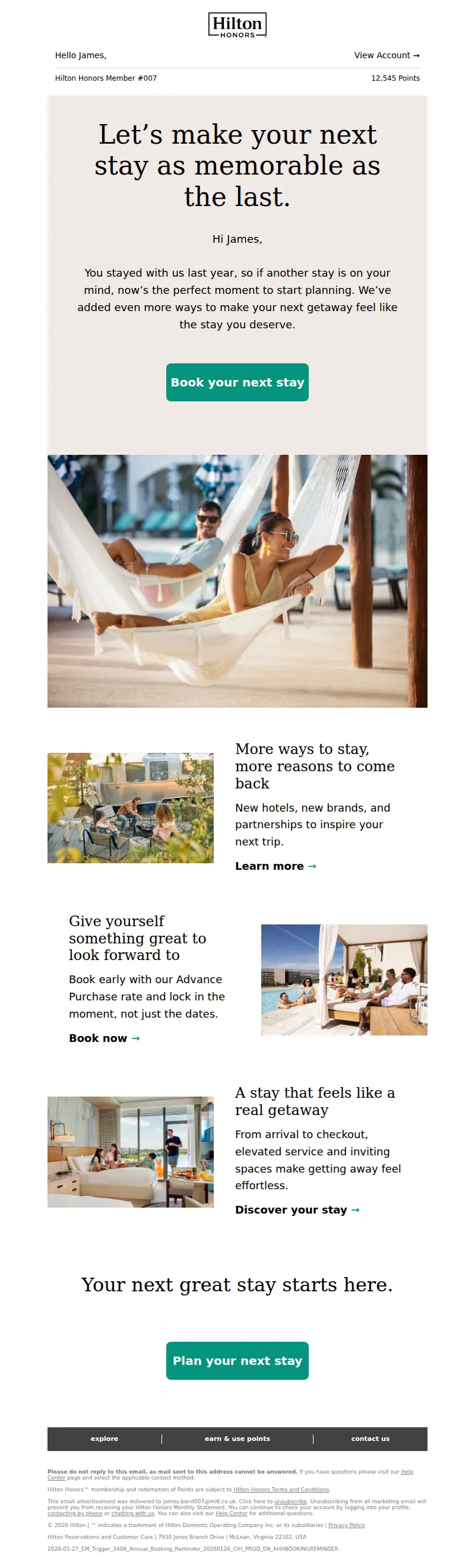 Email screenshot from Hilton Honors - Mr. Bond, thinking about getting a trip on the calendar?