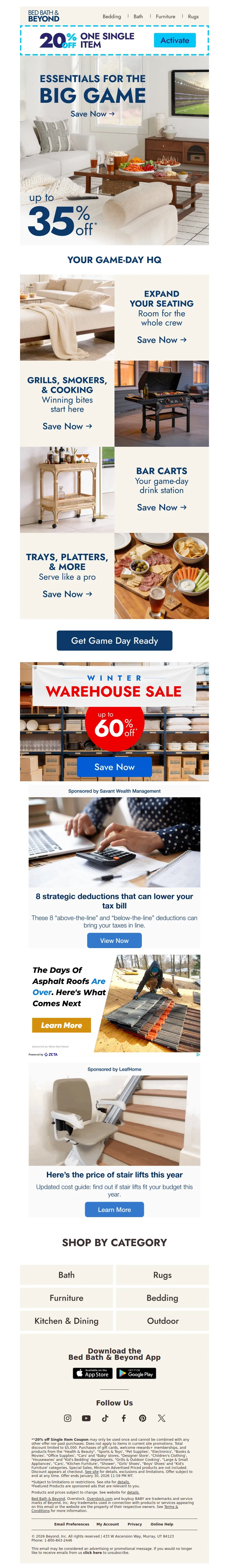 Email screenshot from Bed Bath & Beyond - Essentials for the Big Game ๐