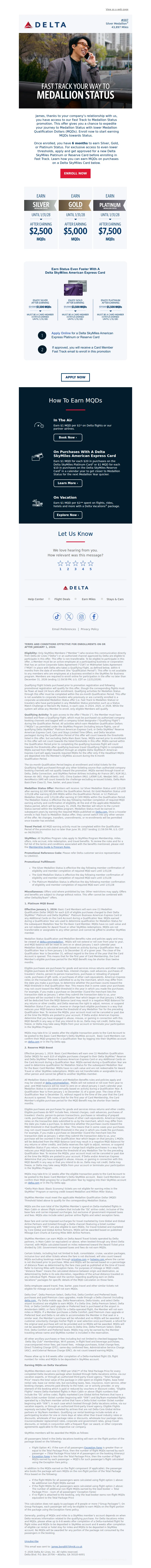 Email screenshot from Delta Air Lines - Exclusive Offer: Unlock Medallion® Status Faster With Fast Track