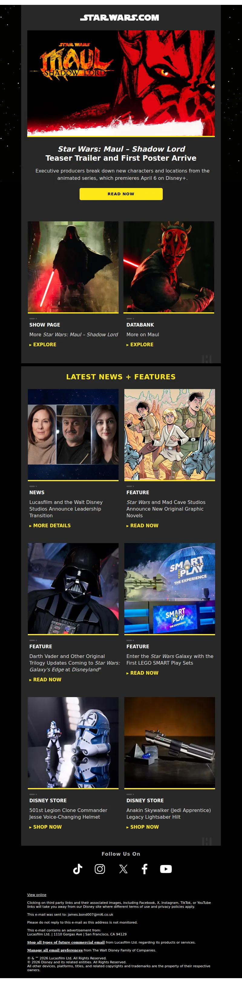 Email screenshot from Starwars.com - Star Wars: Maul – Shadow Lord teaser trailer and first poster arrive!