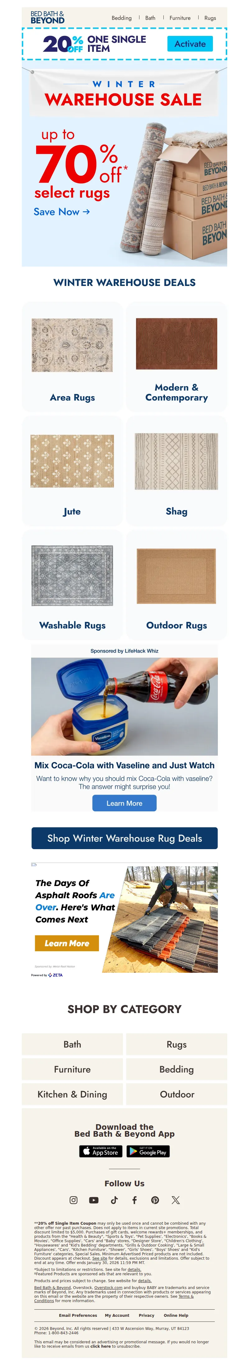 Email screenshot from Bed Bath & Beyond - Up to 70% off rugs to refresh your space