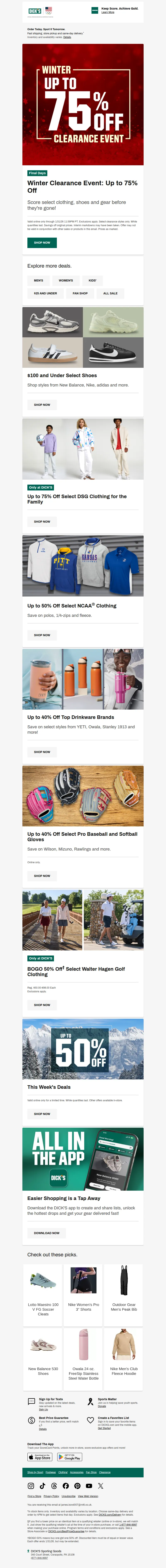Email screenshot from Dick's | Clearance - Time's ticking! ⏰ Up to 75% OFF Winter Clearance won't last much longer...