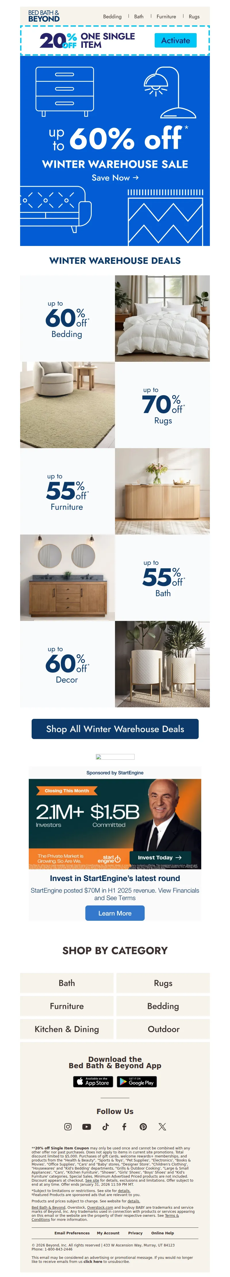 Email screenshot from Bed Bath & Beyond - Up to 60% off Winter Warehouse deals 🔥