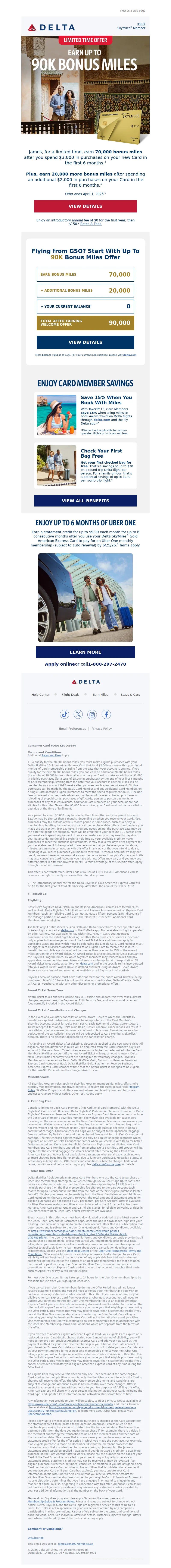 Email screenshot from Delta Air Lines - An Offer Too Good To Miss: Earn Up To 90K Bonus Miles