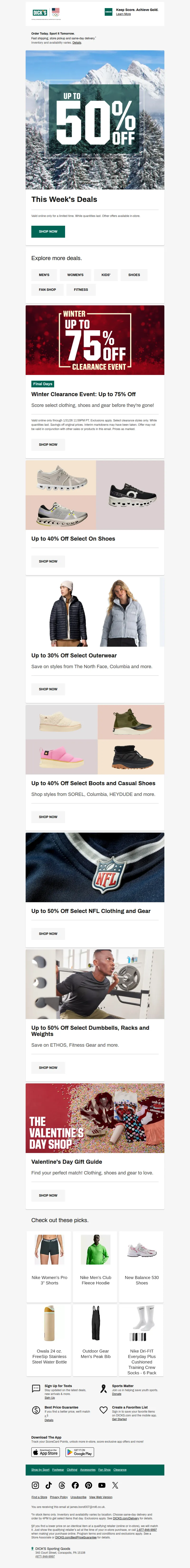 Email screenshot from Dick's Sporting Goods - 💲 Get going! Shop up to 50% off this week's deals