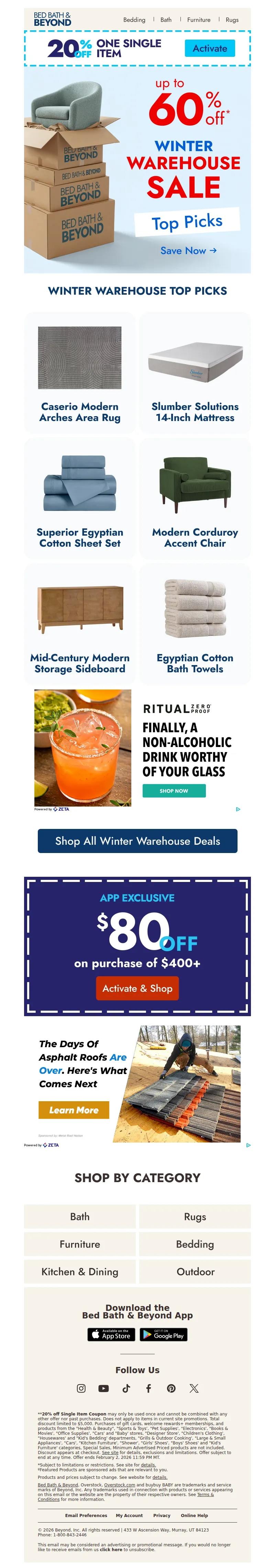 Email screenshot from Bed Bath & Beyond - Warehouse favorites, up to 60% off