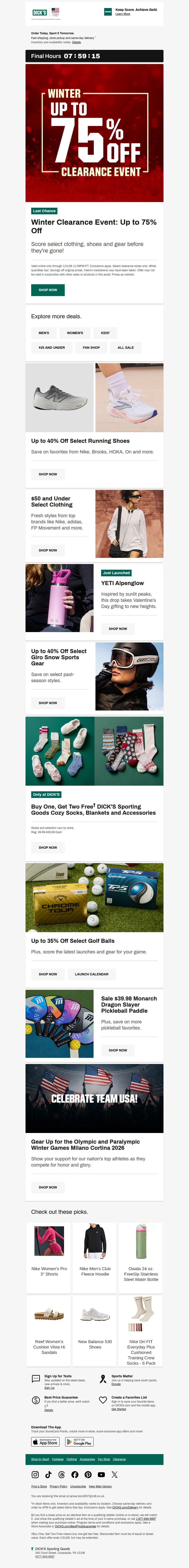 Email screenshot from Dick's | Clearance - Hurry! Up to 75% off Winter Clearance ends TODAY 💸 💸