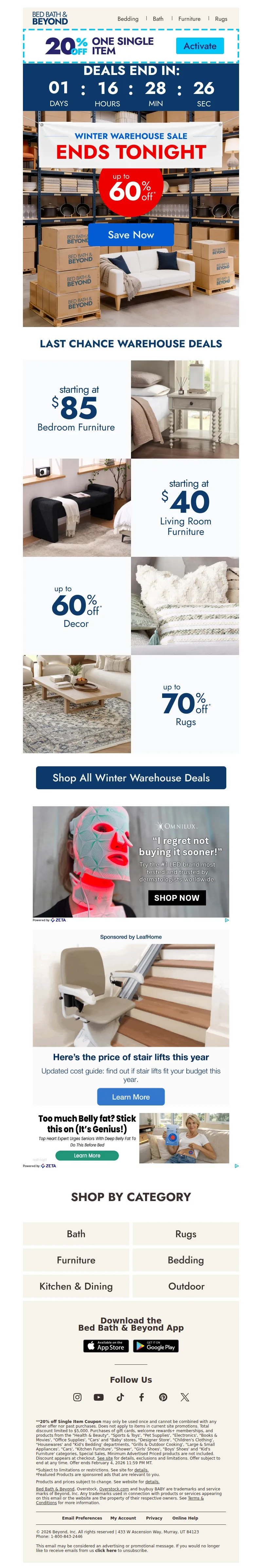 Email screenshot from Bed Bath & Beyond - Up to 60% off ends tonight ⏰