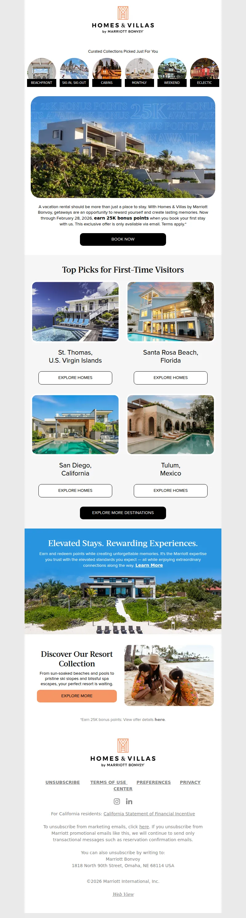 Email screenshot from Homes & Villas By Marriott Bonvoy - Mr. Bond, unlock 25K bonus points on your first stay​