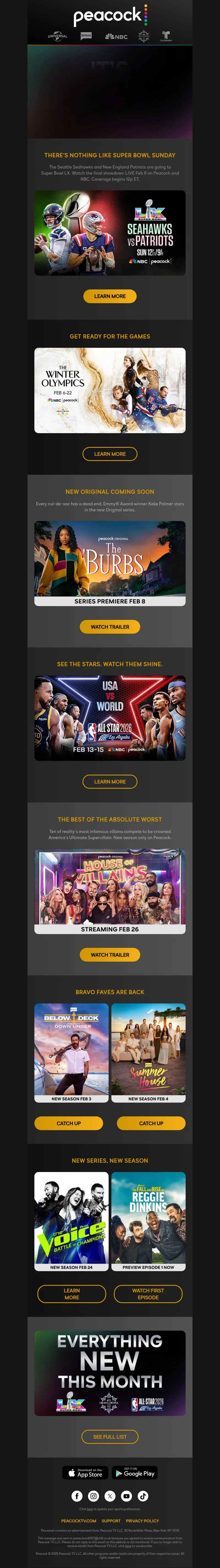 Email screenshot from Peacock - February is loading… ⏳