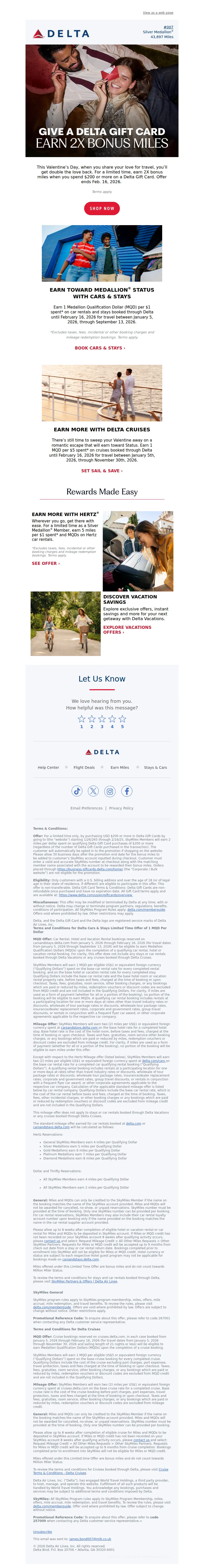 Email screenshot from Delta Air Lines - Love Is In The Air With 2X Bonus Miles