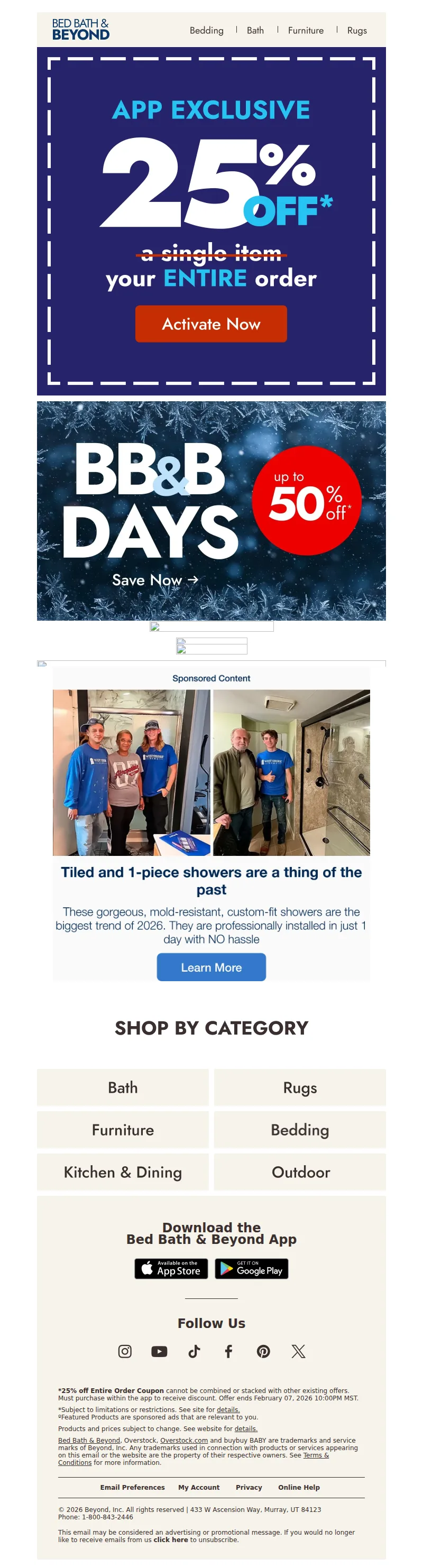 Email screenshot from Bed Bath & Beyond - 25% off in the app starts now 📱