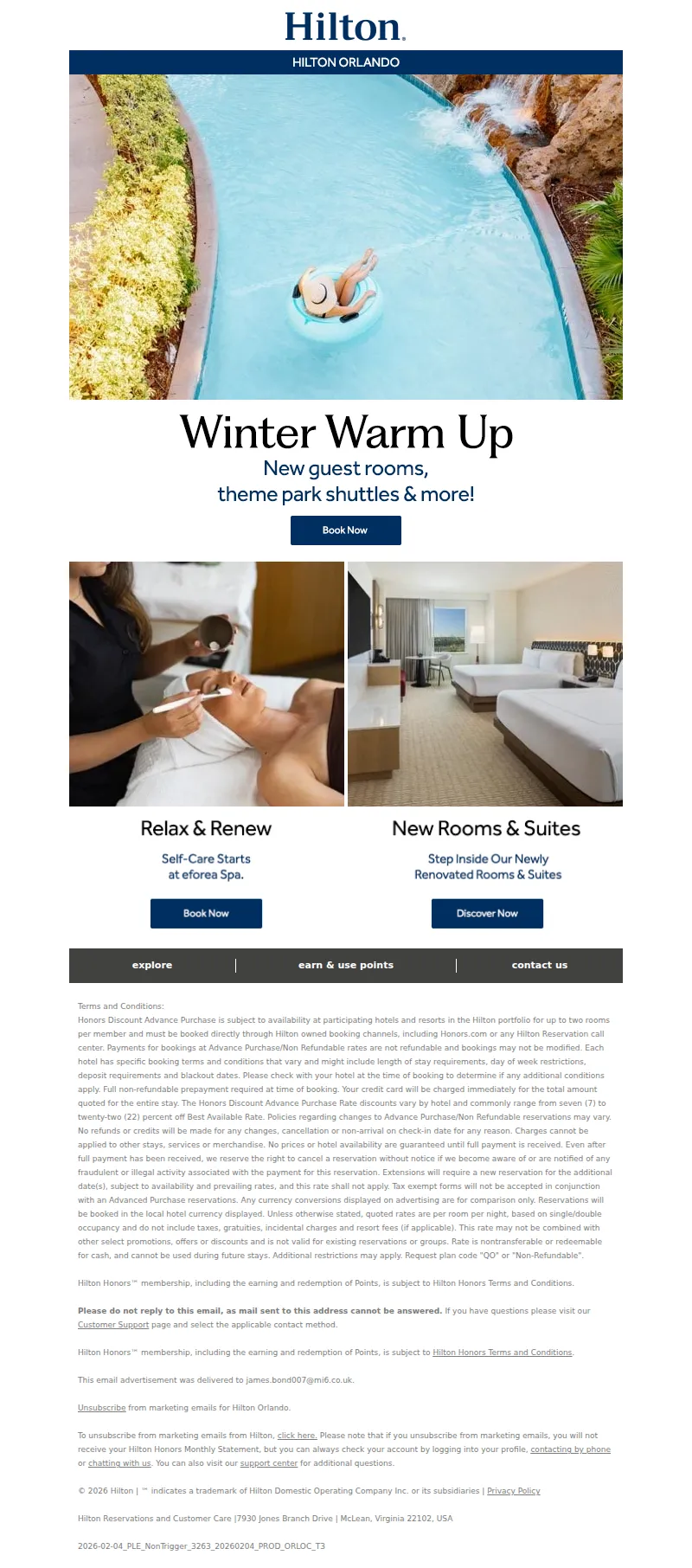 Email screenshot from Hilton Orlando - Warmer days ahead. Book early and save big!