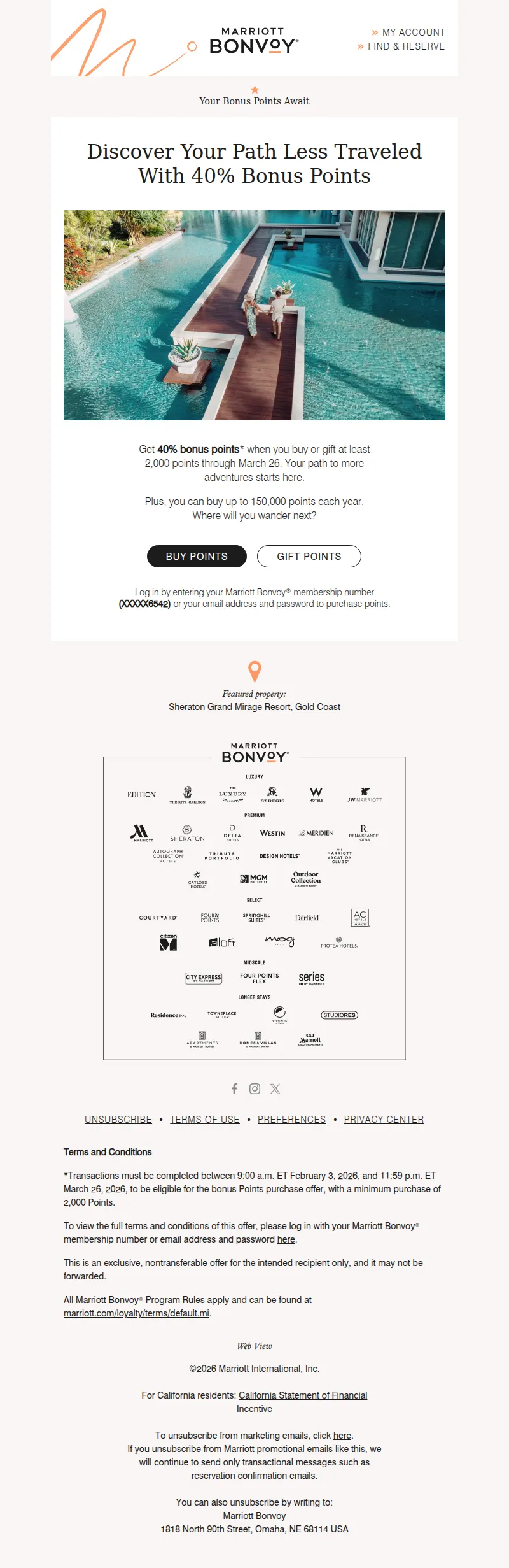 Email screenshot from Marriott Bonvoy - 40% Bonus Points β Your Path to Possibilities