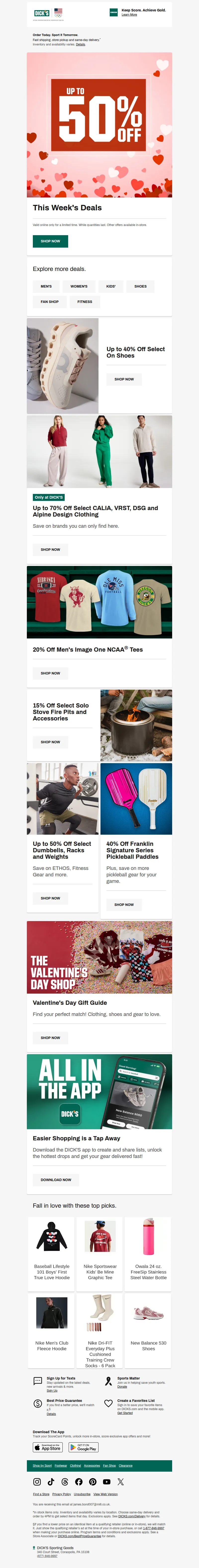 Email screenshot from Dick's Sporting Goods - Up to 50% off this week's deals? Right this way ➡️