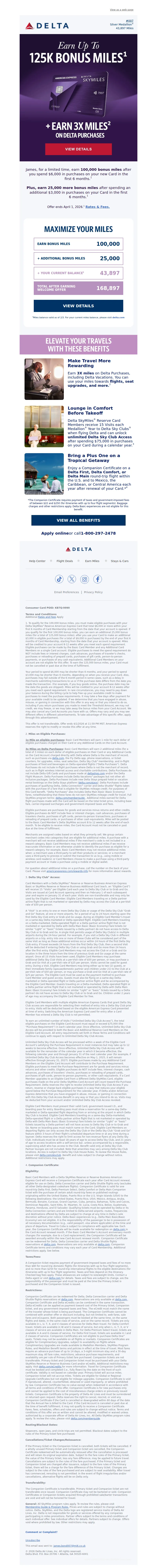 Email screenshot from Delta Air Lines - Mr. Bond, Your Miles Balance Could Reach 168,897 With This Offer