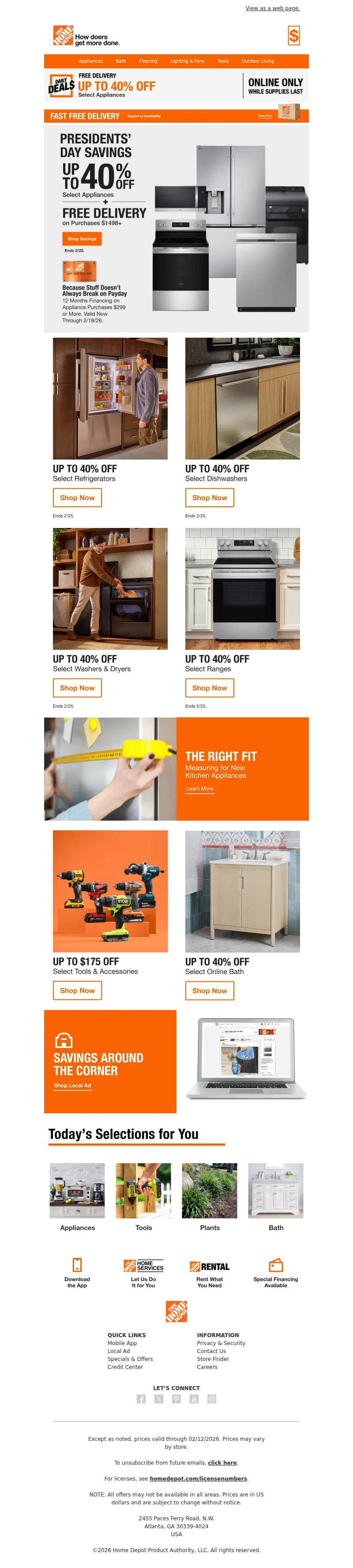 Email screenshot from The Home Depot - PRESIDENTS’ DAY ★ APPLIANCE SAVINGS