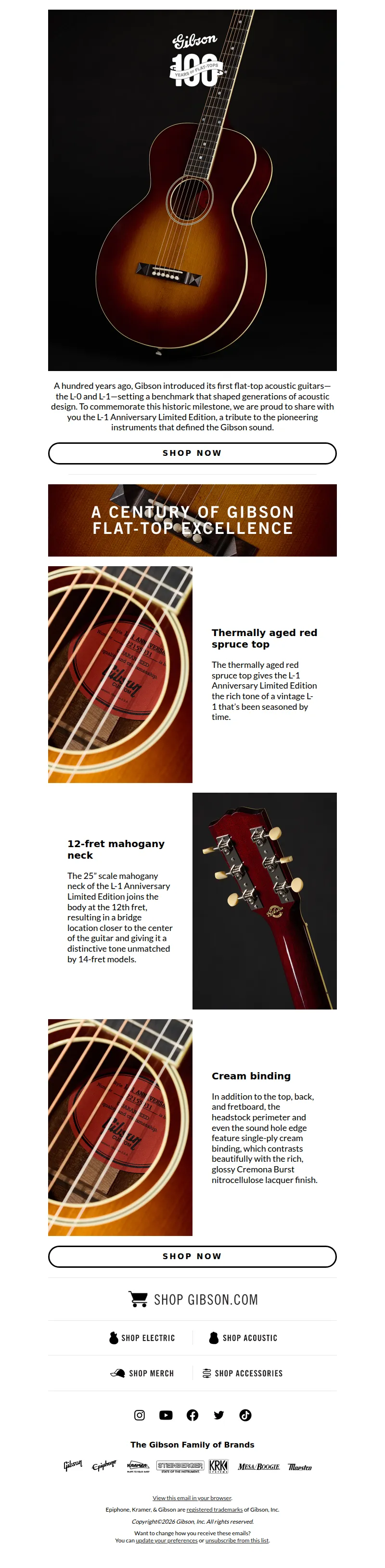 Email screenshot from Gibson - Introducing the L-1 Anniversary Limited Edition