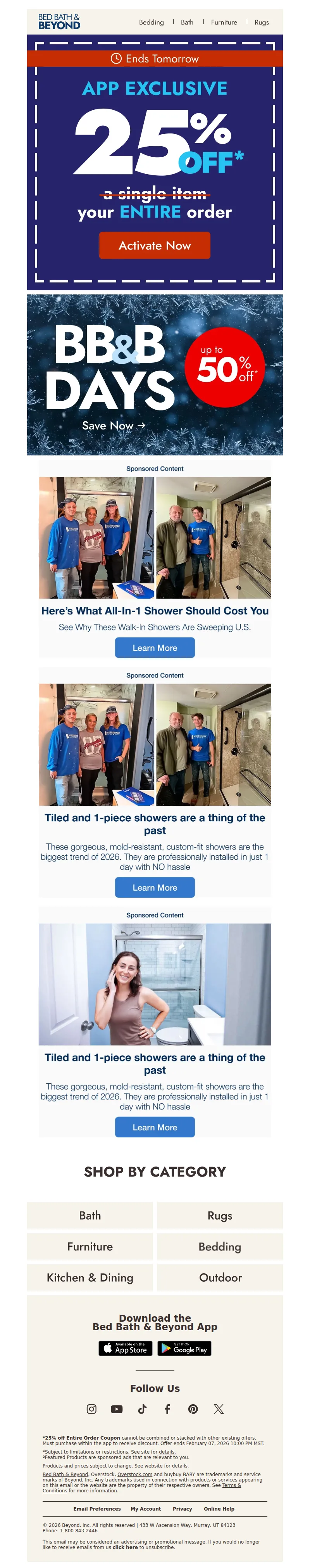Email screenshot from Bed Bath & Beyond - App‑exclusive: 25% off ends tomorrow