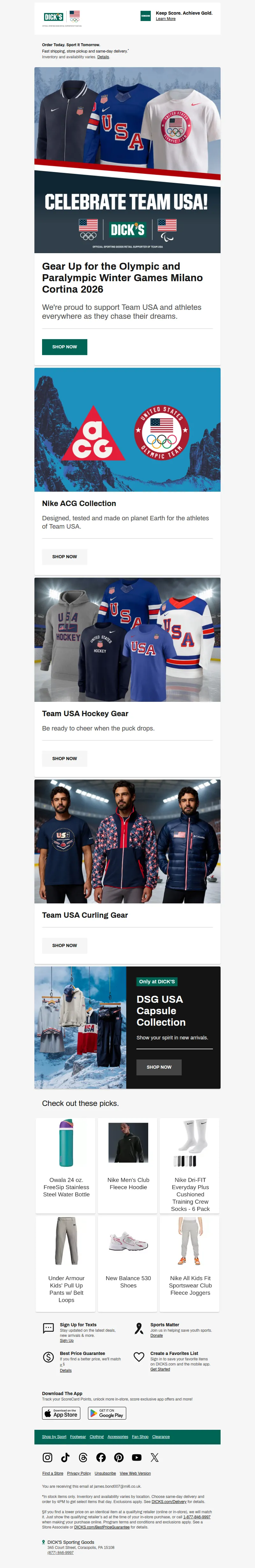Email screenshot from Dick's Sporting Goods - Gear up for the Olympic & Paralympic Winter Games Milano Cortina 2026!🏅